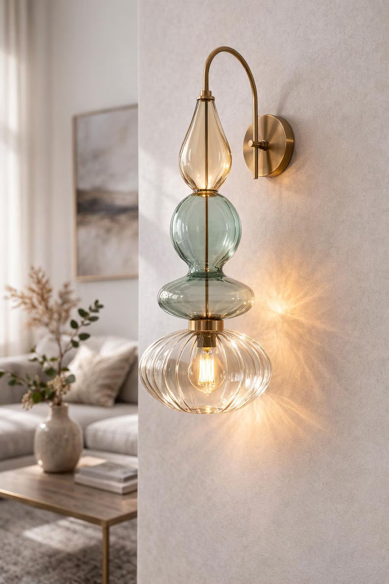 Brass Wall Sconce – Blown Glass Bathroom Vanity Light, Art Deco Bedside Wall Lamp, Indoor Wall Lighting-Hallway or entryway, Art Deco Style | Les Trois Pyramides