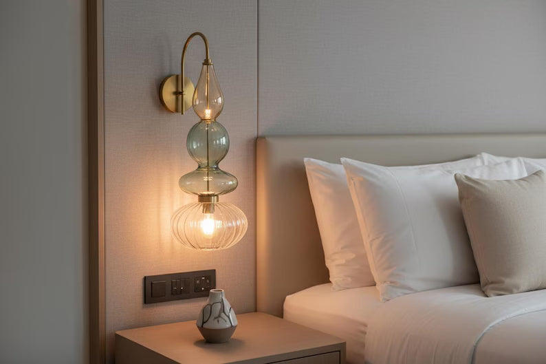 Brass Wall Sconce – Blown Glass Bathroom Vanity Light, Art Deco Bedside Wall Lamp, Indoor Wall Lighting-Hallway or entryway, Art Deco Style | Les Trois Pyramides