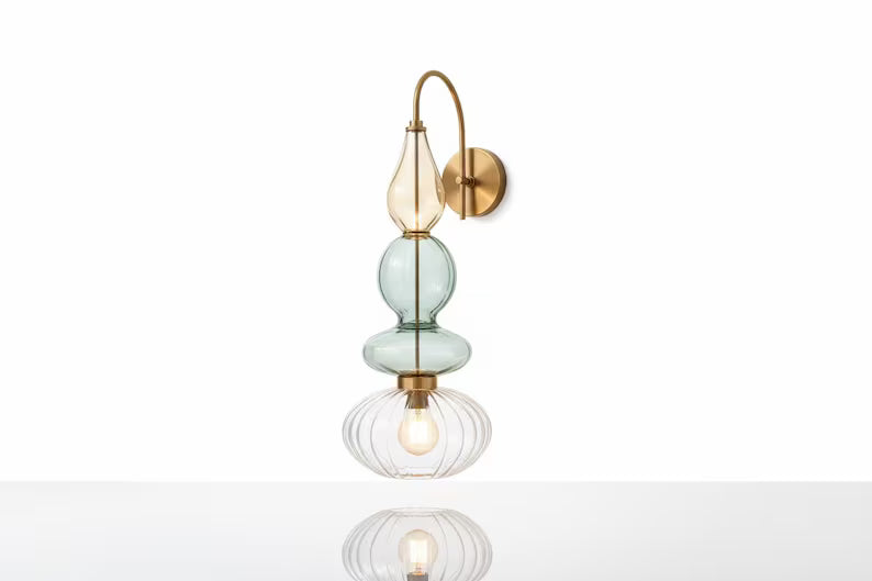 Brass Wall Sconce – Blown Glass Bathroom Vanity Light, Art Deco Bedside Wall Lamp, Indoor Wall Lighting-Hallway or entryway, Art Deco Style | Les Trois Pyramides