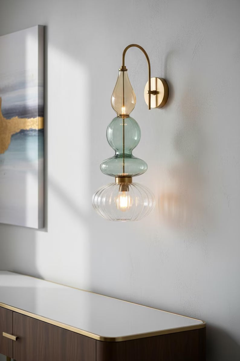 Brass Wall Sconce – Blown Glass Bathroom Vanity Light, Art Deco Bedside Wall Lamp, Indoor Wall Lighting-Hallway or entryway, Art Deco Style | Les Trois Pyramides