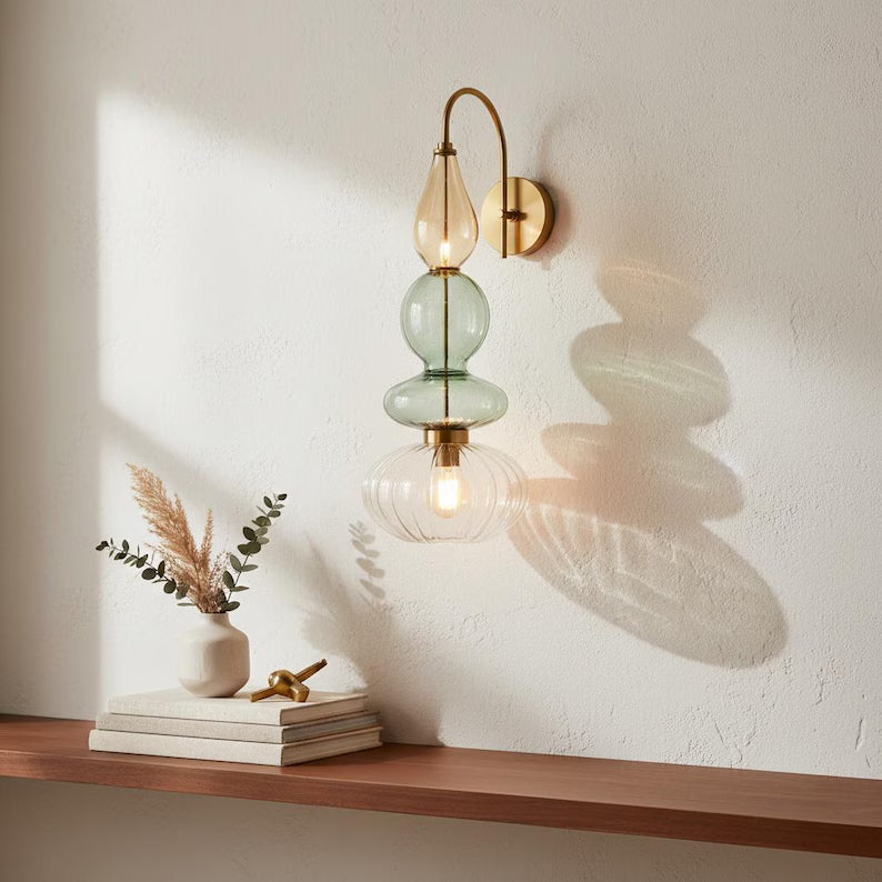 Brass Wall Sconce – Blown Glass Bathroom Vanity Light, Art Deco Bedside Wall Lamp, Indoor Wall Lighting-Hallway or entryway, Art Deco Style | Les Trois Pyramides