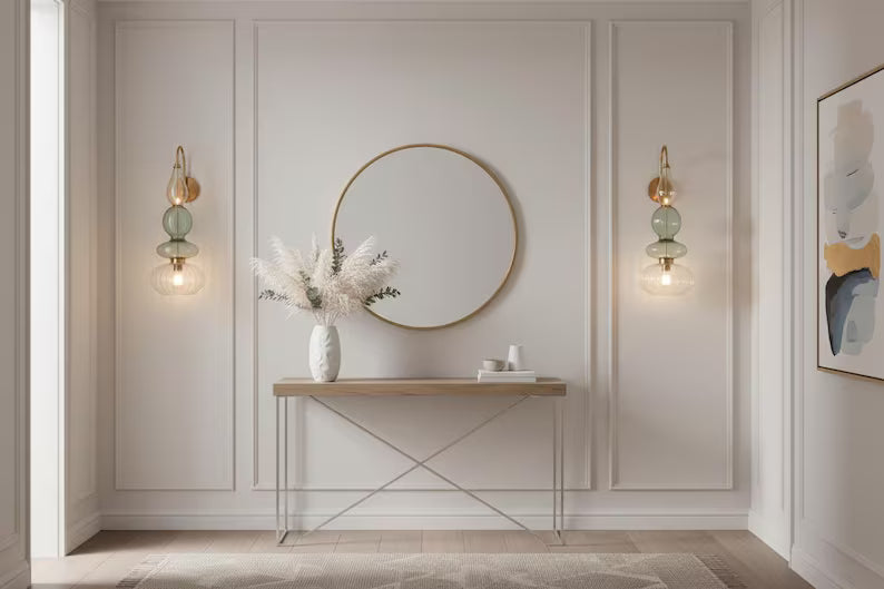 Brass Wall Sconce – Blown Glass Bathroom Vanity Light, Art Deco Bedside Wall Lamp, Indoor Wall Lighting-Hallway or entryway, Art Deco Style | Les Trois Pyramides