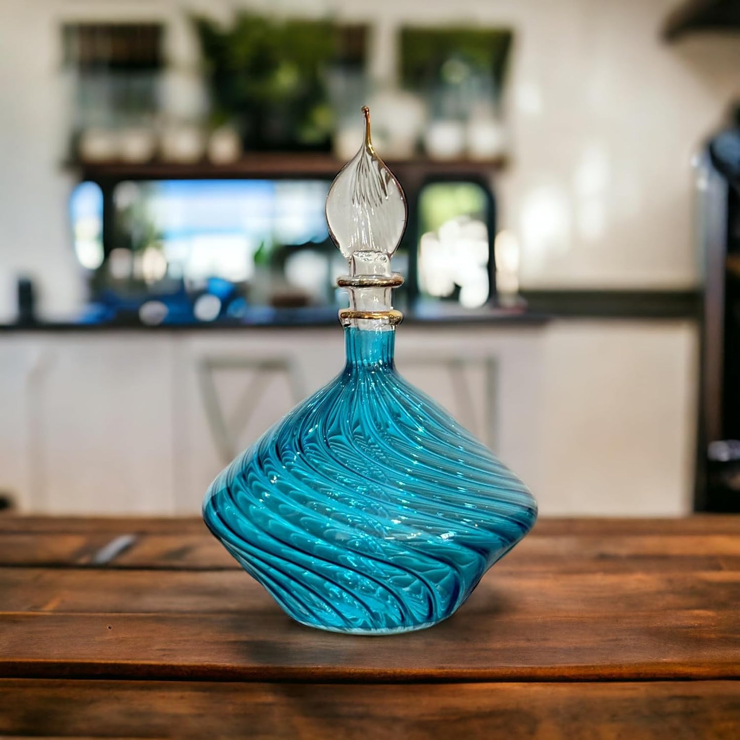 Turquoise Ribbed Blown Glass perfume Bottle with 14K Gold | Les Trois Pyramides