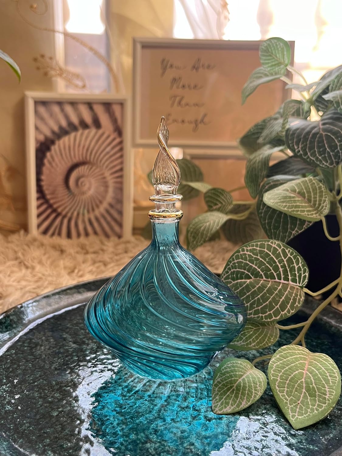 Turquoise Ribbed Blown Glass perfume Bottle with 14K Gold | Les Trois Pyramides