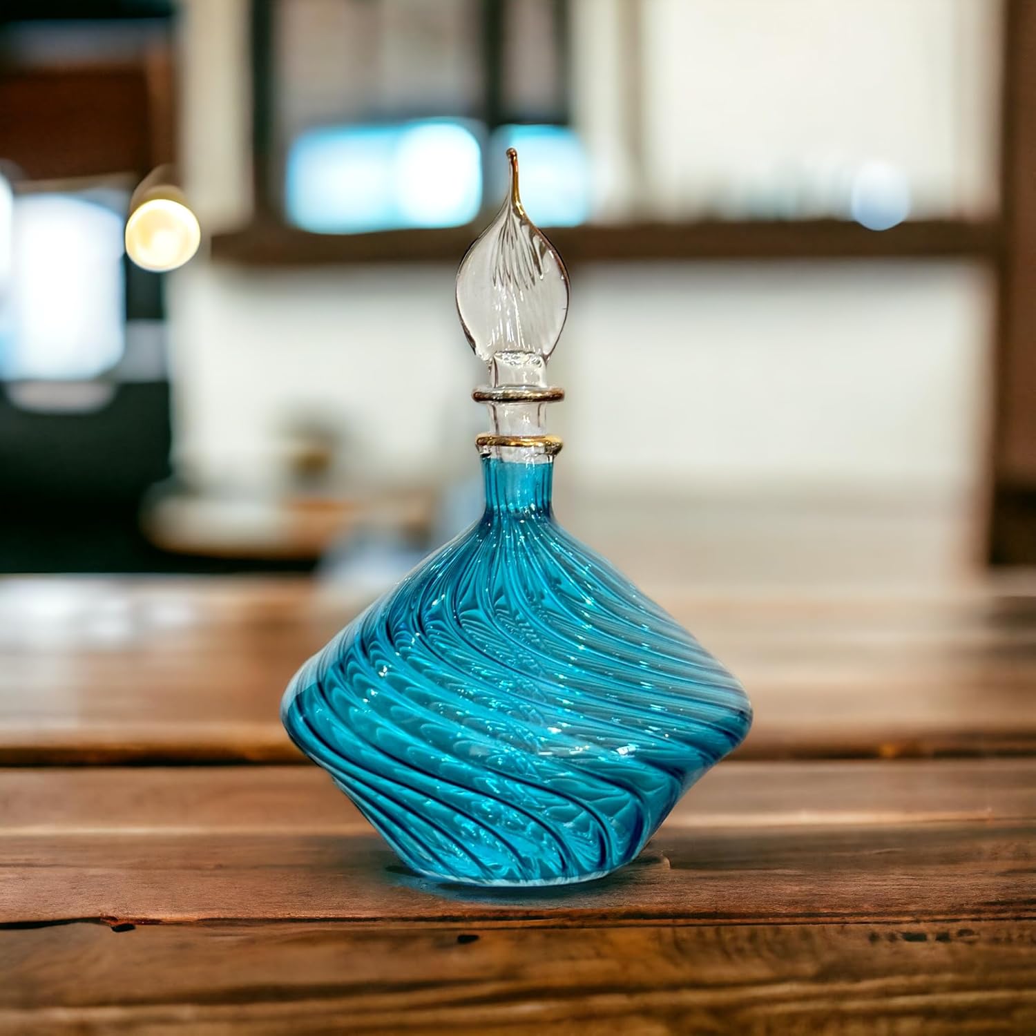 Turquoise Ribbed Blown Glass perfume Bottle with 14K Gold | Les Trois Pyramides