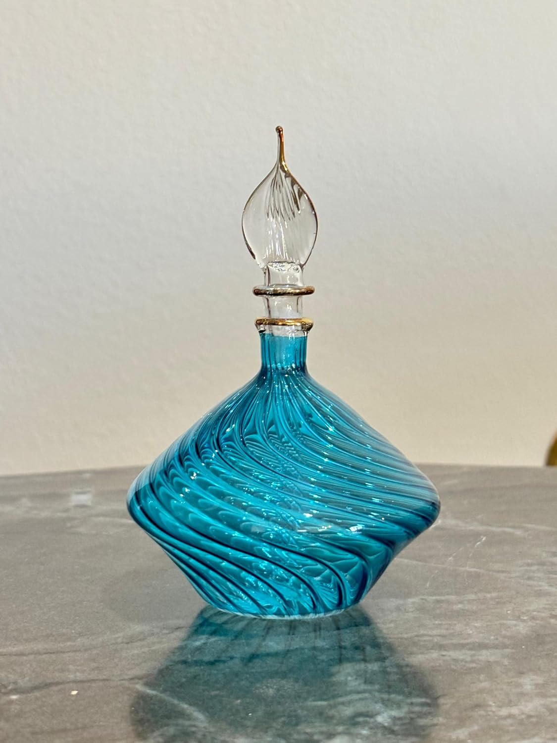 Turquoise Ribbed Blown Glass perfume Bottle with 14K Gold | Les Trois Pyramides