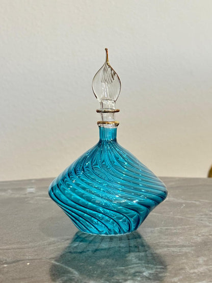 Turquoise Ribbed Blown Glass perfume Bottle with 14K Gold | Les Trois Pyramides