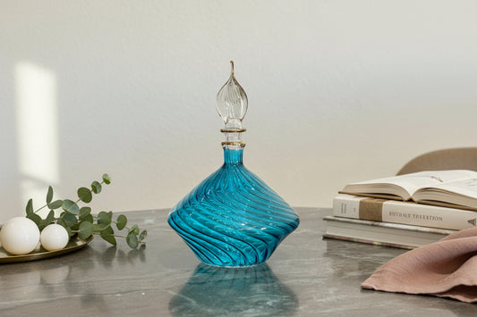 Turquoise Ribbed Blown Glass perfume Bottle with 14K Gold | Les Trois Pyramides