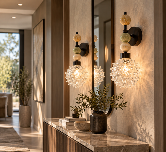 Handcrafted Onyx Stone Wall Sconce with Textured Bubble Glass – Dark Bronze Finish - Les Trois Pyramides