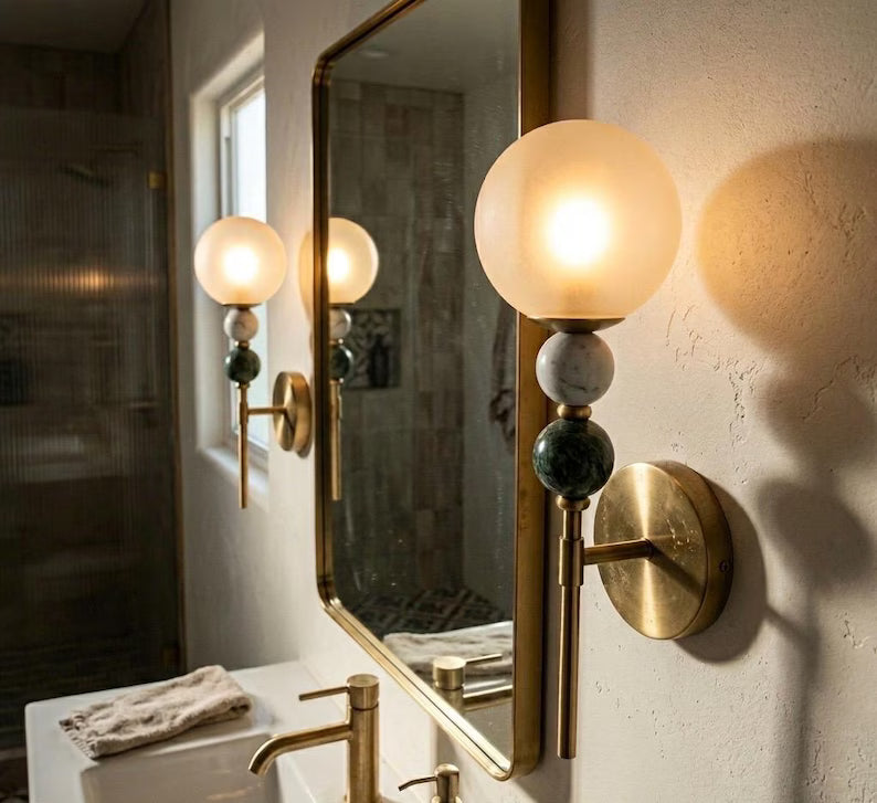 Wall Sconce, Frosted Glass Wall Sconce, Marble Wall Light, Brass Wall Sconce, Bathroom Vanity Lighting, Bedside Lamp, Modern Wall Lighting | Les Trois Pyramides