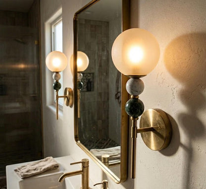 Wall Sconce, Frosted Glass Wall Sconce, Marble Wall Light, Brass Wall Sconce, Bathroom Vanity Lighting, Bedside Lamp, Modern Wall Lighting | Les Trois Pyramides