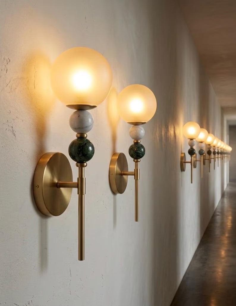 Wall Sconce, Frosted Glass Wall Sconce, Marble Wall Light, Brass Wall Sconce, Bathroom Vanity Lighting, Bedside Lamp, Modern Wall Lighting | Les Trois Pyramides