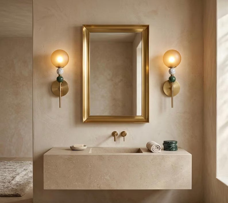 Wall Sconce, Frosted Glass Wall Sconce, Marble Wall Light, Brass Wall Sconce, Bathroom Vanity Lighting, Bedside Lamp, Modern Wall Lighting | Les Trois Pyramides