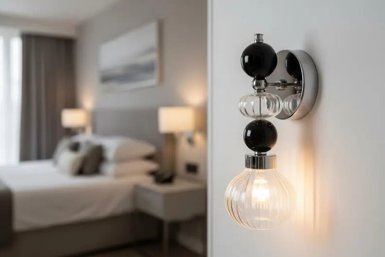 Black Glass marble Wall Sconce, Modern marble Wall Light, Handmade Glass Bedside Lamp, Bathroom Vanity Light, Ribbed Glass Lighting Fixture | Les Trois Pyramides