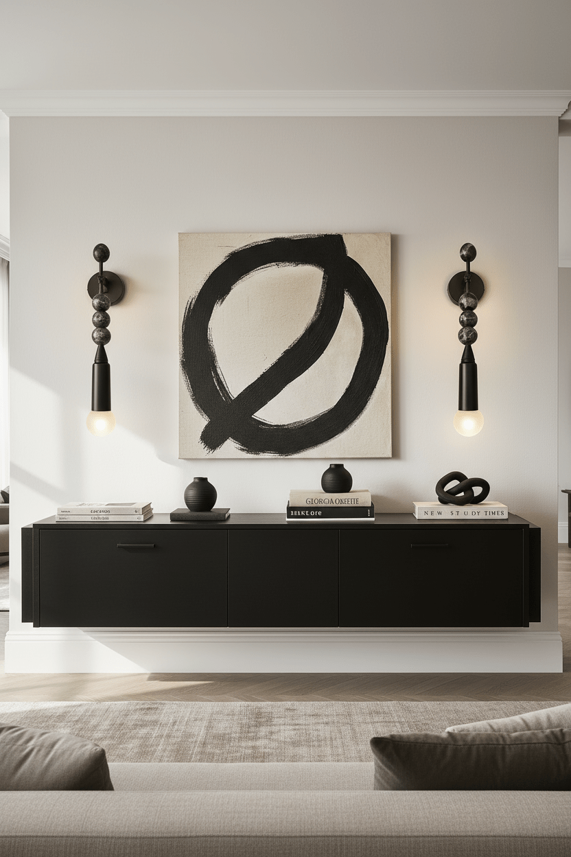 Modern wall sconce with abstract art and books on a shelf | Les Trois Pyramides