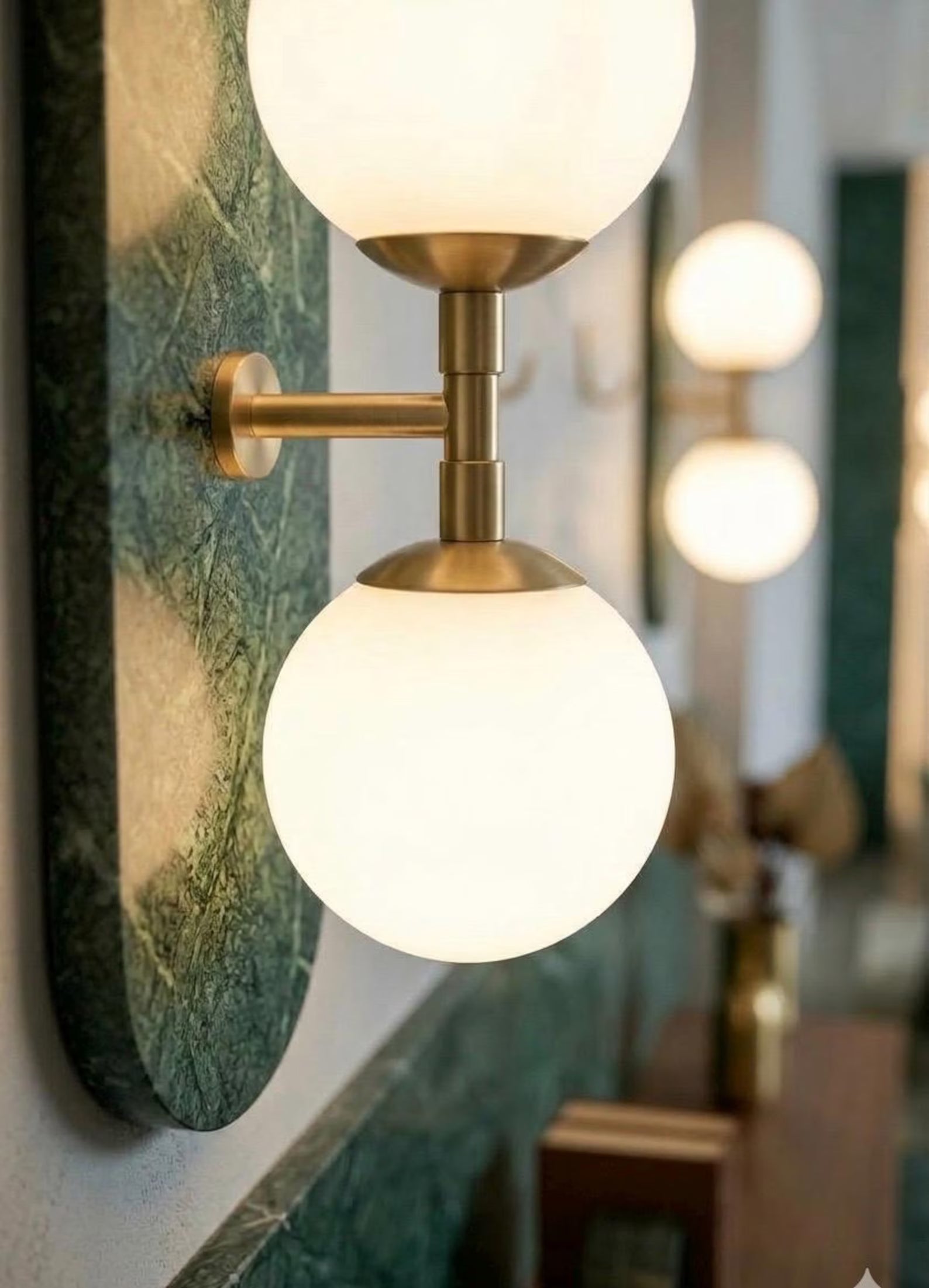 Green Marble Wall Sconce with Brass & Frosted Glass – Handmade Wall Light | Les Trois Pyramides.