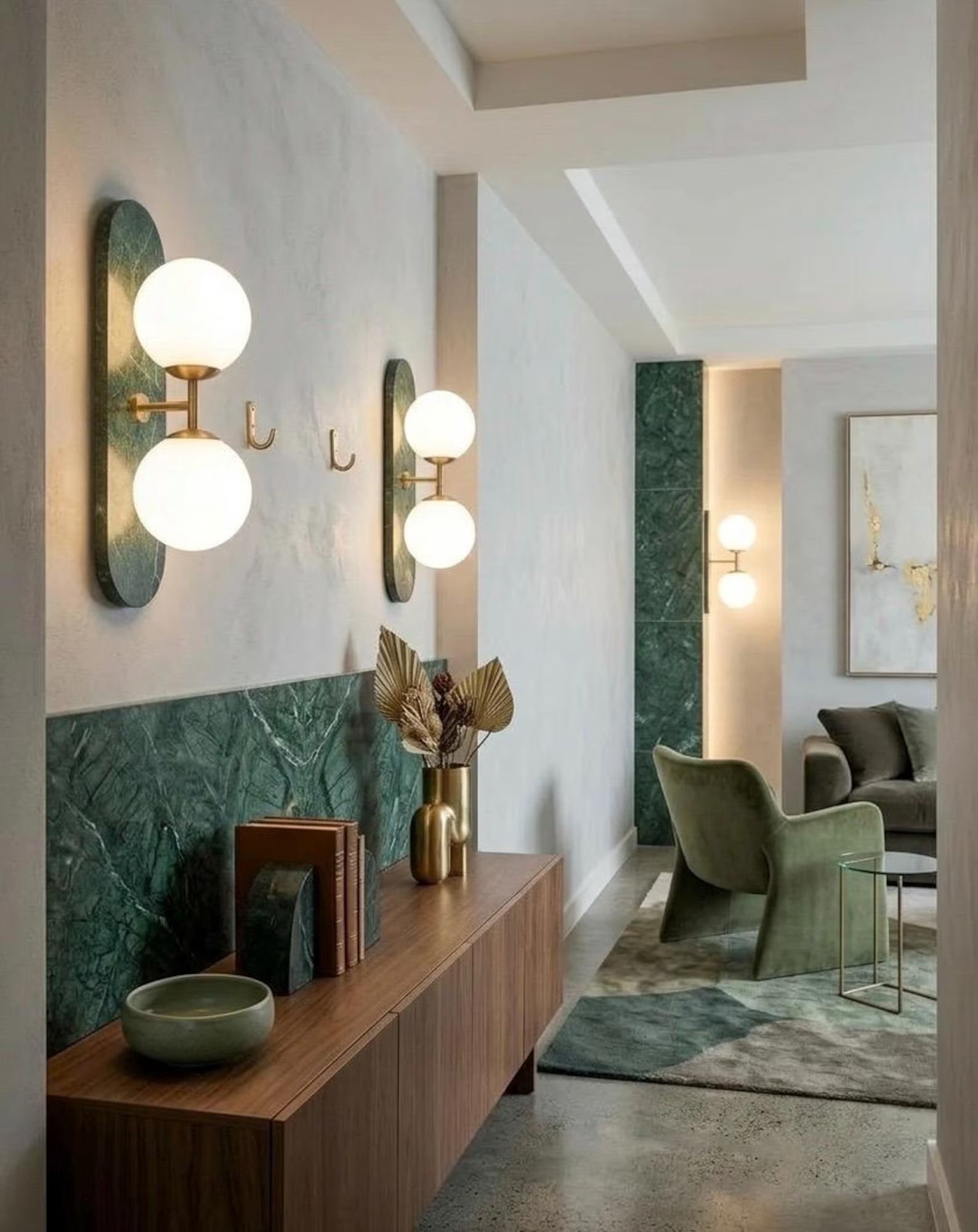 Green Marble Wall Sconce with Brass & Frosted Glass – Handmade Wall Light | Les Trois Pyramides.