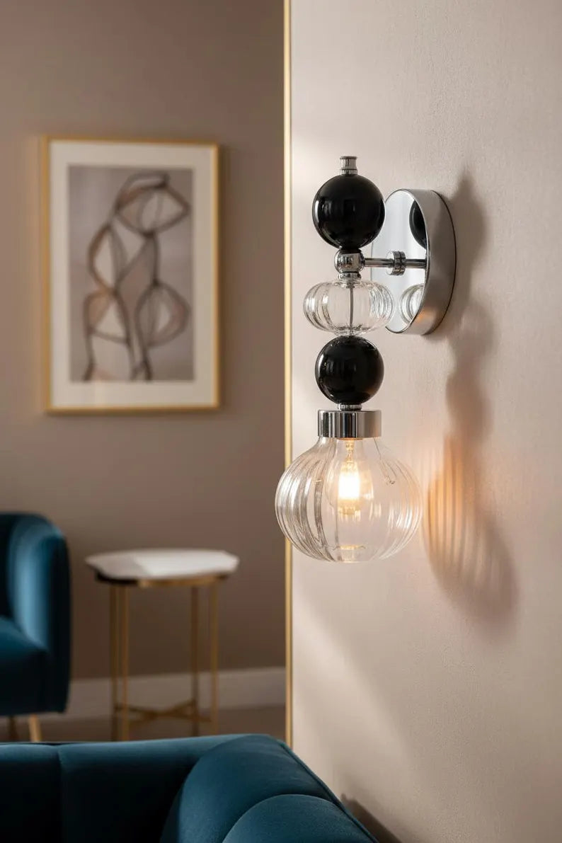 Black Glass marble Wall Sconce, Modern marble Wall Light, Handmade Glass Bedside Lamp, Bathroom Vanity Light, Ribbed Glass Lighting Fixture | Les Trois Pyramides