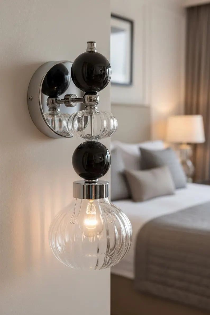 Black Glass marble Wall Sconce, Modern marble Wall Light, Handmade Glass Bedside Lamp, Bathroom Vanity Light, Ribbed Glass Lighting Fixture | Les Trois Pyramides