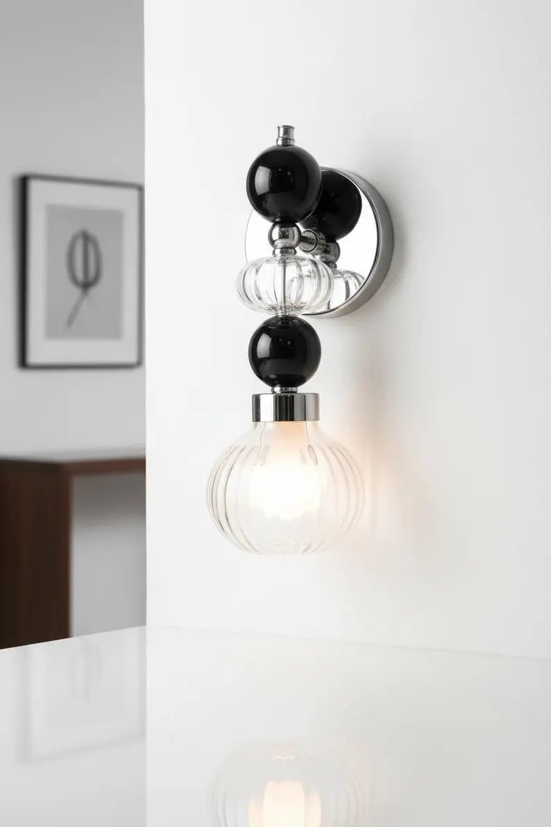 Black Glass marble Wall Sconce, Modern marble Wall Light, Handmade Glass Bedside Lamp, Bathroom Vanity Light, Ribbed Glass Lighting Fixture | Les Trois Pyramides