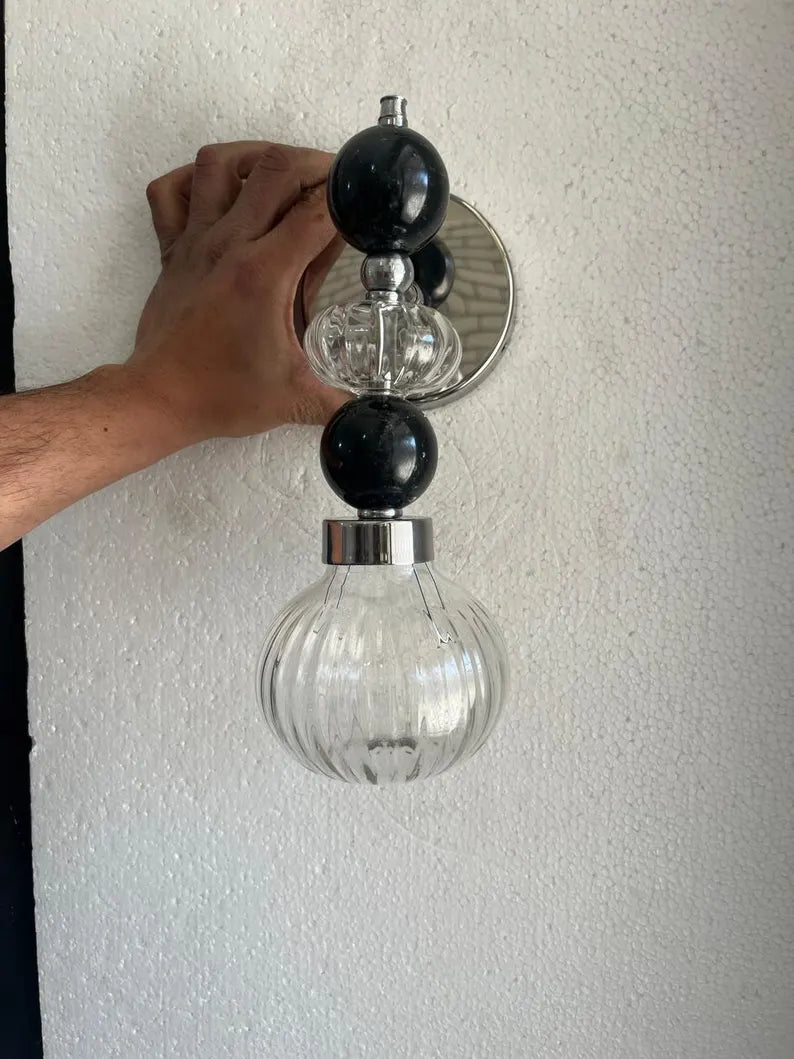 Black Glass marble Wall Sconce, Modern marble Wall Light, Handmade Glass Bedside Lamp, Bathroom Vanity Light, Ribbed Glass Lighting Fixture | Les Trois Pyramides