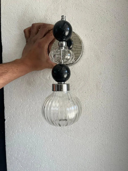 Black Glass marble Wall Sconce, Modern marble Wall Light, Handmade Glass Bedside Lamp, Bathroom Vanity Light, Ribbed Glass Lighting Fixture | Les Trois Pyramides