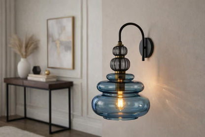 Blue Glass Wall Sconce, Modern Brass Wall Light, Mid Century Stacked Glass Lamp, Bedroom Bathroom Vanity Lighting Fixture | Les Trois Pyramides
