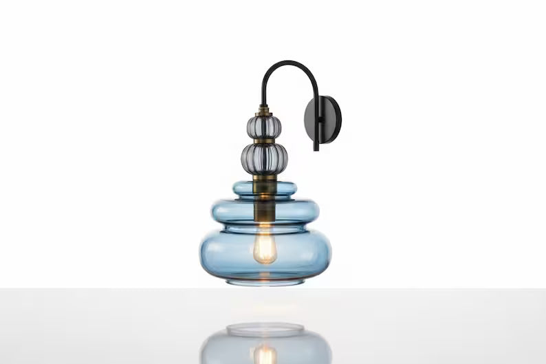Blue Glass Wall Sconce, Modern Brass Wall Light, Mid Century Stacked Glass Lamp, Bedroom Bathroom Vanity Lighting Fixture | Les Trois Pyramides