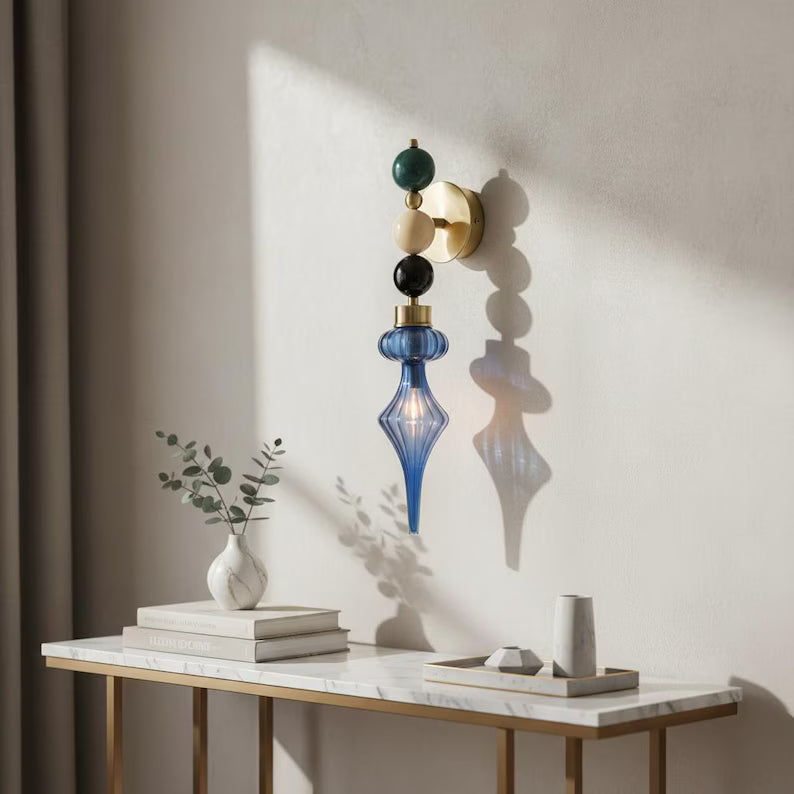 Marble Wall Sconce with Ribbed Blown Glass – Handmade Luxury Wall Light