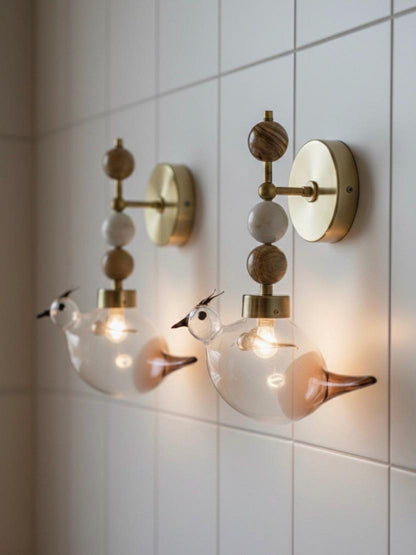 Blown Glass Bird Wall Sconce Brass Wall Light, Natural Onyx Stone Lamp, Handmade Bedside Wall Lighting, Bathroom Vanity Fixture
