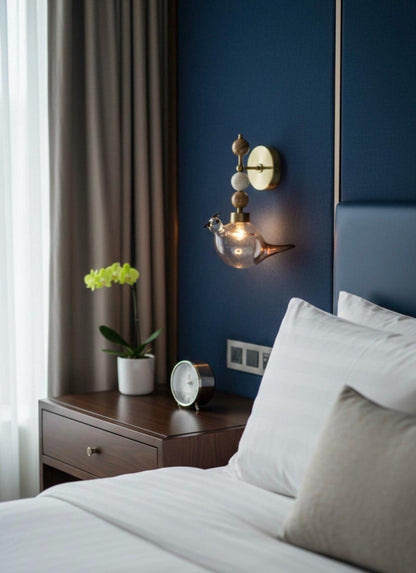 Blown Glass Bird Wall Sconce Brass Wall Light, Natural Onyx Stone Lamp, Handmade Bedside Wall Lighting, Bathroom Vanity Fixture