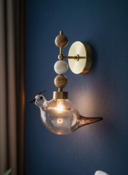 Blown Glass Bird Wall Sconce Brass Wall Light, Natural Onyx Stone Lamp, Handmade Bedside Wall Lighting, Bathroom Vanity Fixture