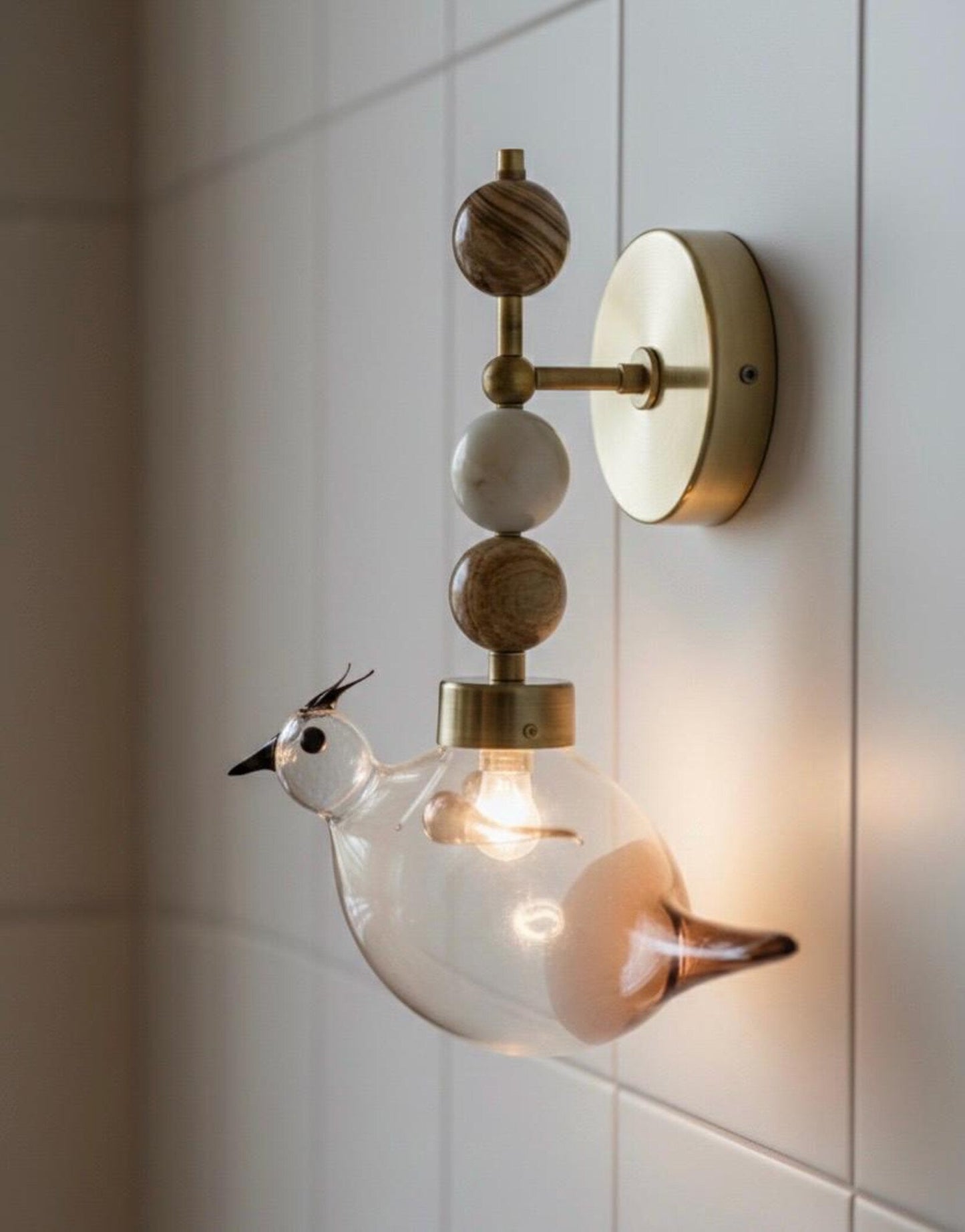 Blown Glass Bird Wall Sconce Brass Wall Light, Natural Onyx Stone Lamp, Handmade Bedside Wall Lighting, Bathroom Vanity Fixture