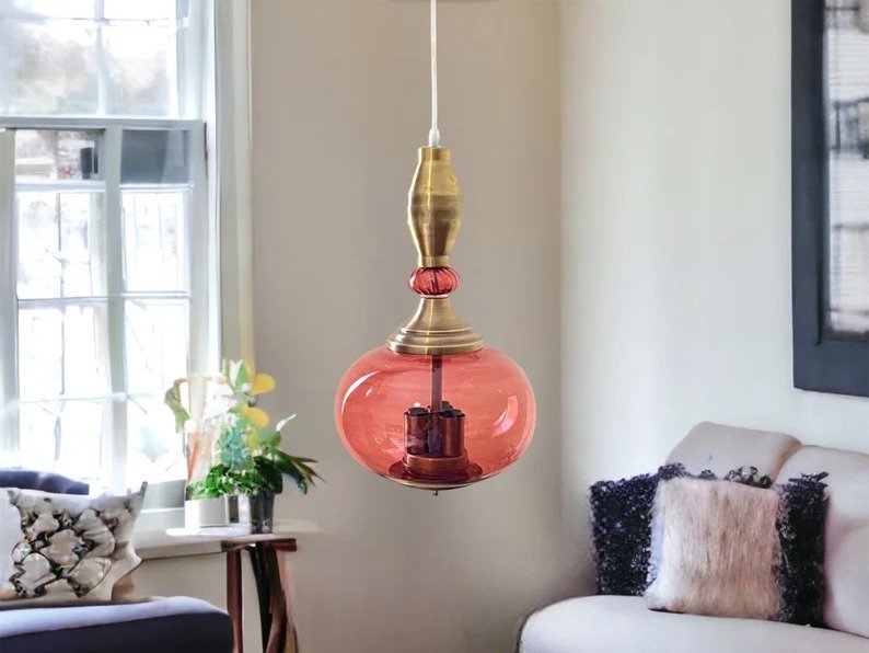 Blown Glass + Copper Light Pendant for Kitchen Decor - Les Trois Pyramides