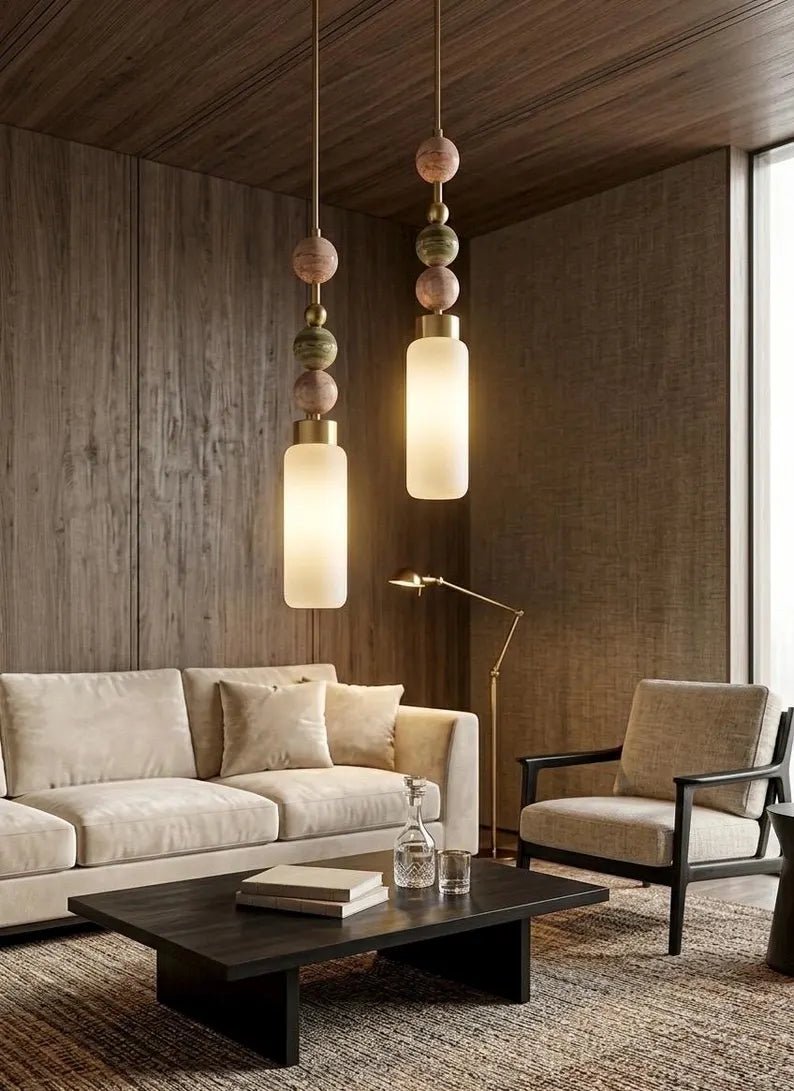 Blown Glass cylinder Pendant Light – Modern onyx stones and Brass Hanging Lamp | Les Trois pyramides