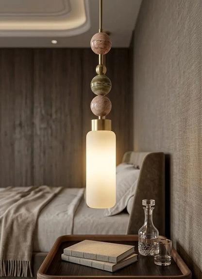 Blown Glass cylinder Pendant Light – Modern onyx stones and Brass Hanging Lamp | Les Trois pyramides