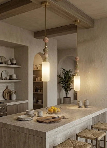 Blown Glass cylinder Pendant Light – Modern onyx stones and Brass Hanging Lamp | Les Trois pyramides