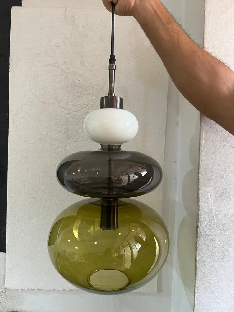 Modern Glass Pendant Light, Murano Style Hanging Lamp, Handmade Blown Glass Chandelier, Brass Kitchen Island Lighting | Les Trois Pyramides