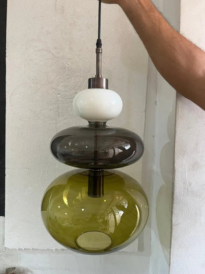 Modern Glass Pendant Light, Murano Style Hanging Lamp, Handmade Blown Glass Chandelier, Brass Kitchen Island Lighting | Les Trois Pyramides