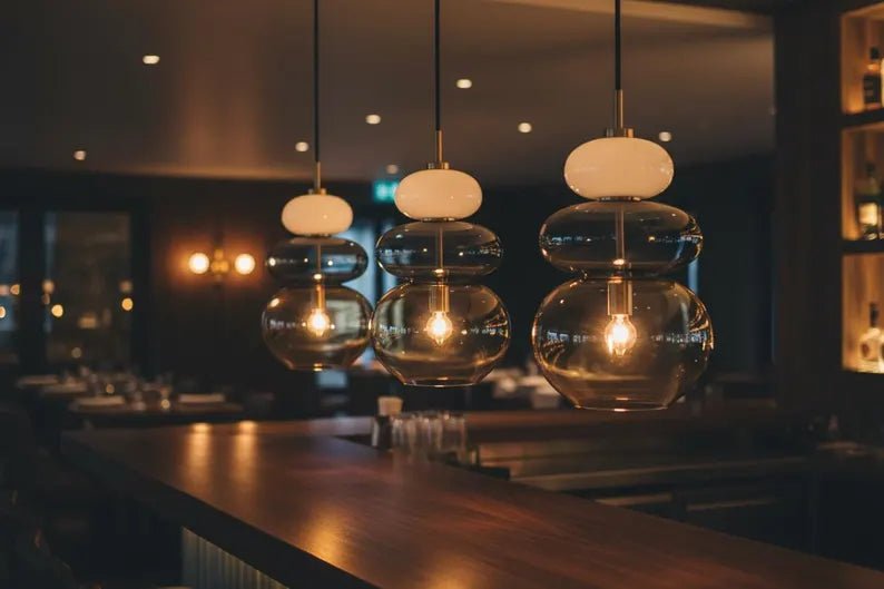Modern Glass Pendant Light, Murano Style Hanging Lamp, Handmade Blown Glass Chandelier, Brass Kitchen Island Lighting | Les Trois Pyramides