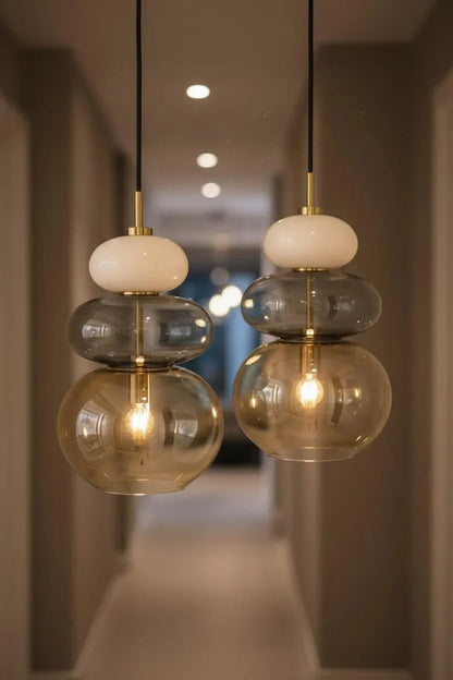 Modern Glass Pendant Light, Murano Style Hanging Lamp, Handmade Blown Glass Chandelier, Brass Kitchen Island Lighting | Les Trois Pyramides