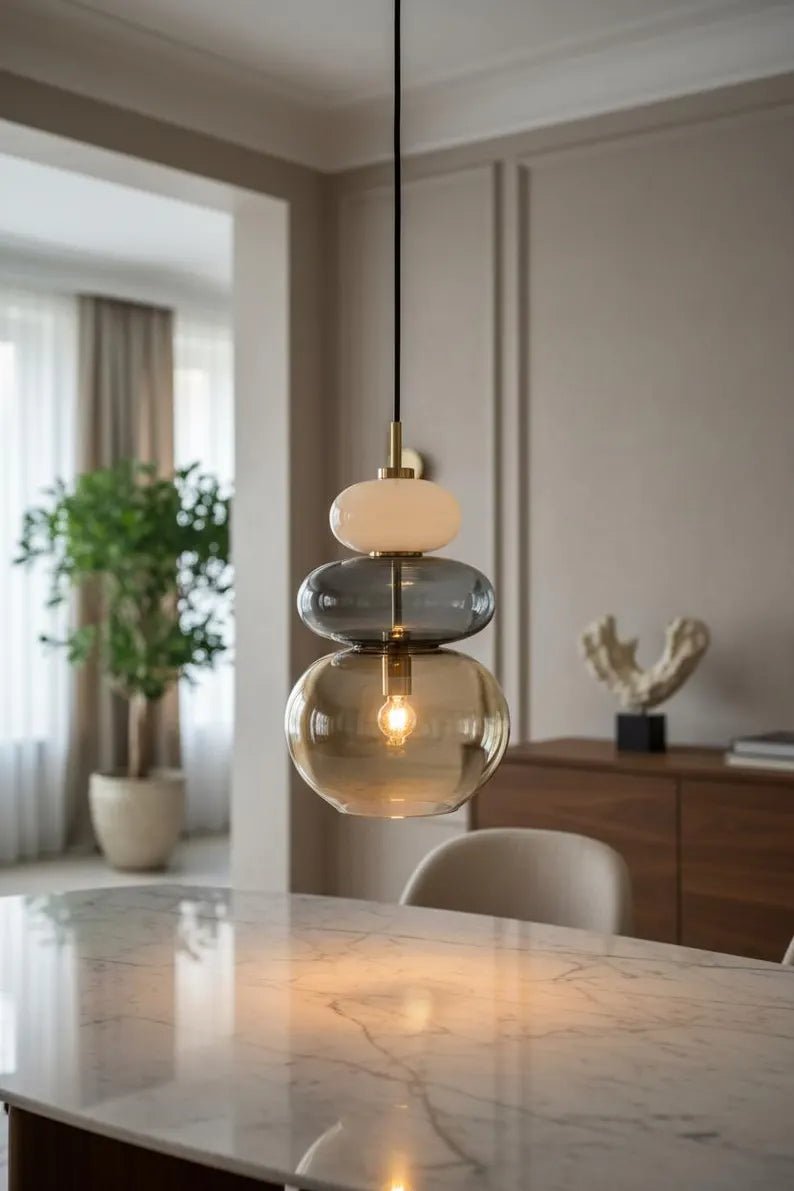 Modern Glass Pendant Light, Murano Style Hanging Lamp, Handmade Blown Glass Chandelier, Brass Kitchen Island Lighting | Les Trois Pyramides