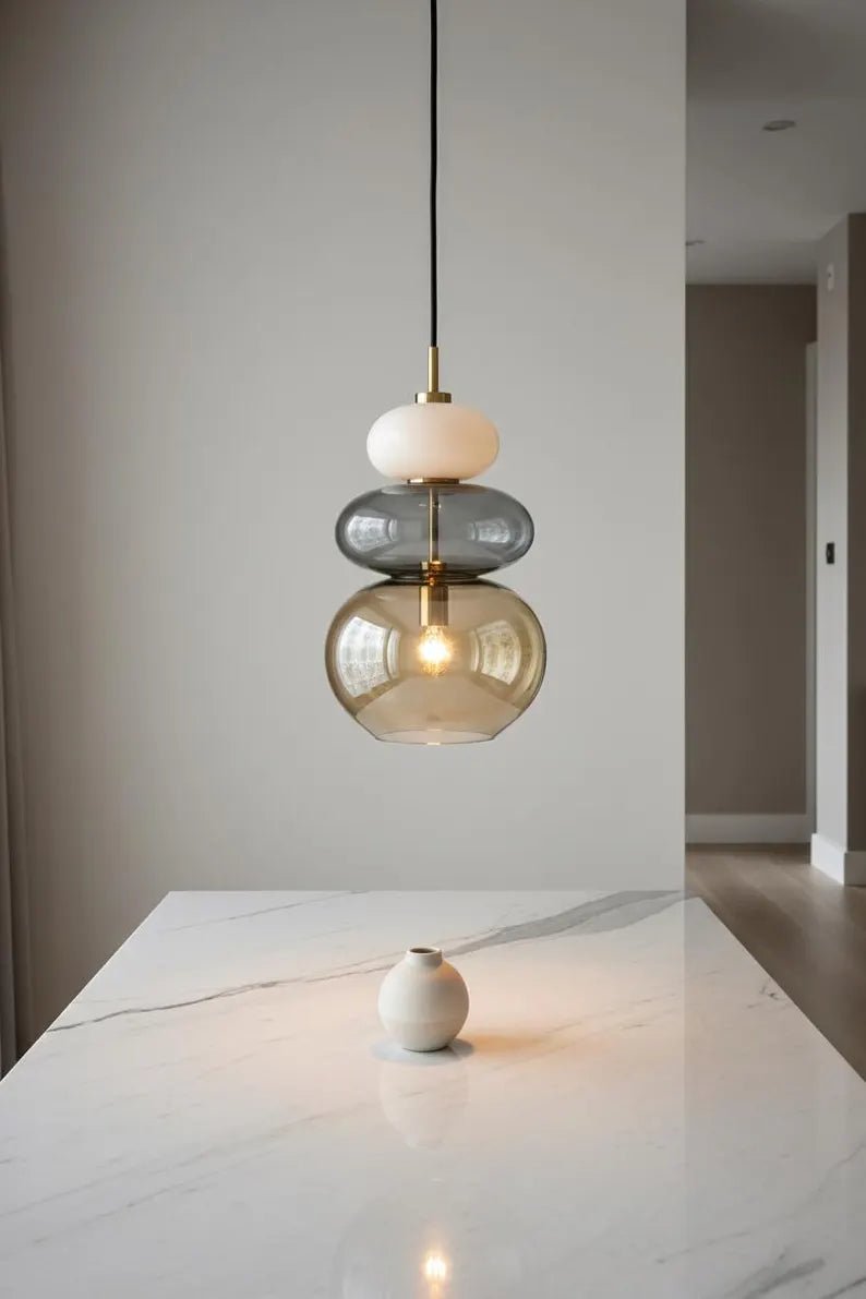 Modern Glass Pendant Light, Murano Style Hanging Lamp, Handmade Blown Glass Chandelier, Brass Kitchen Island Lighting | Les Trois Pyramides