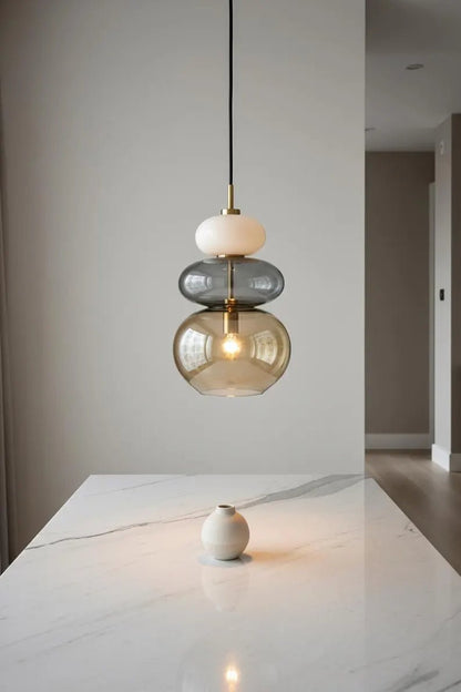 Modern Glass Pendant Light, Murano Style Hanging Lamp, Handmade Blown Glass Chandelier, Brass Kitchen Island Lighting | Les Trois Pyramides