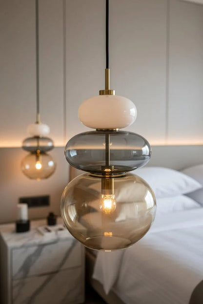 Modern Glass Pendant Light, Murano Style Hanging Lamp, Handmade Blown Glass Chandelier, Brass Kitchen Island Lighting | Les Trois Pyramides