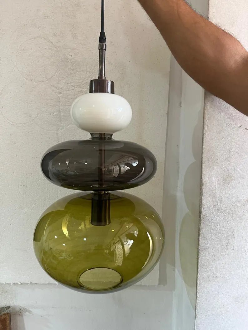 Modern Glass Pendant Light, Murano Style Hanging Lamp, Handmade Blown Glass Chandelier, Brass Kitchen Island Lighting | Les Trois Pyramides
