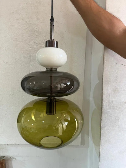Modern Glass Pendant Light, Murano Style Hanging Lamp, Handmade Blown Glass Chandelier, Brass Kitchen Island Lighting | Les Trois Pyramides