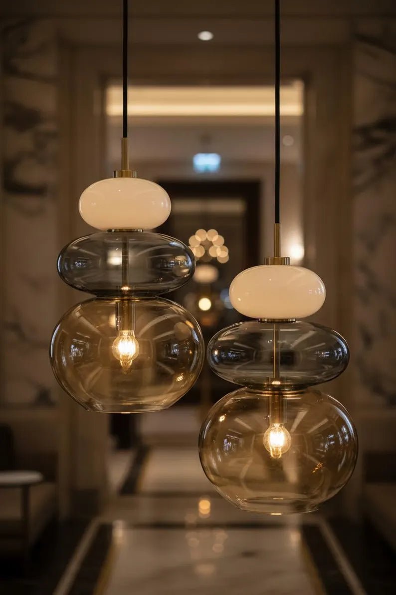 Modern Glass Pendant Light, Murano Style Hanging Lamp, Handmade Blown Glass Chandelier, Brass Kitchen Island Lighting | Les Trois Pyramides