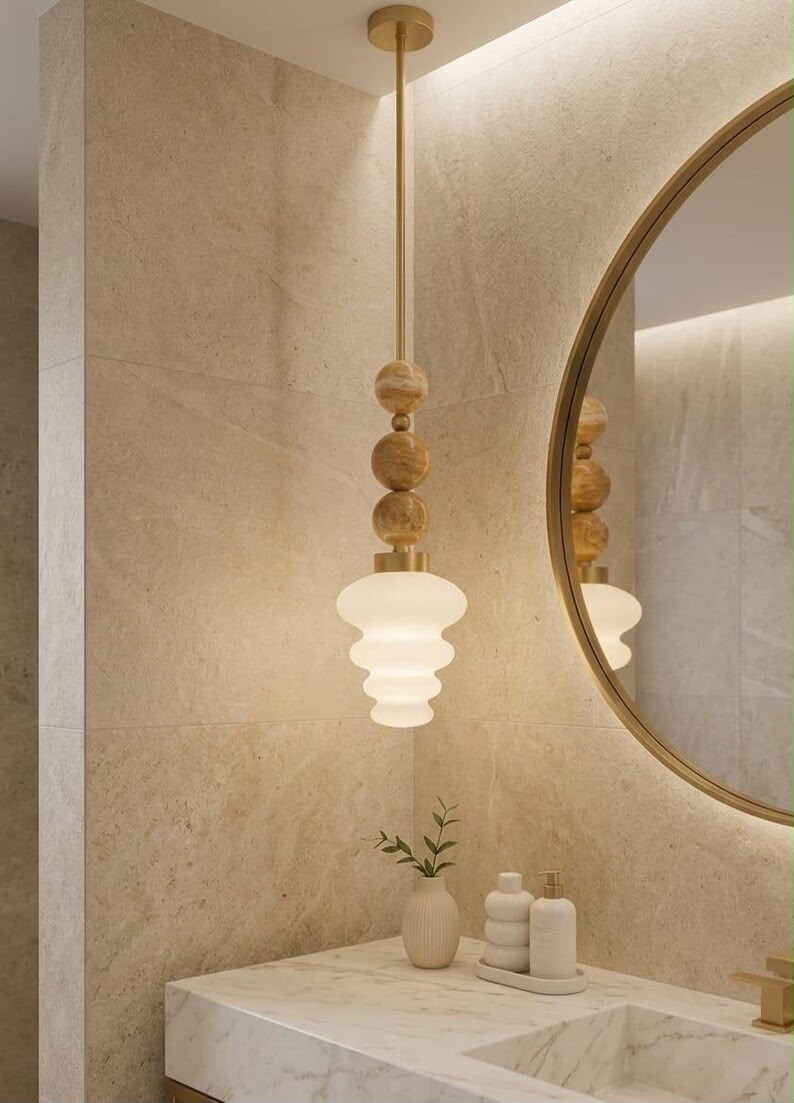 Blown Glass Pendant Light – Modern onyx stones and Brass Hanging Lamp