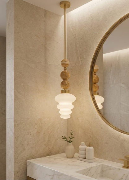 Blown Glass Pendant Light – Modern onyx stones and Brass Hanging Lamp